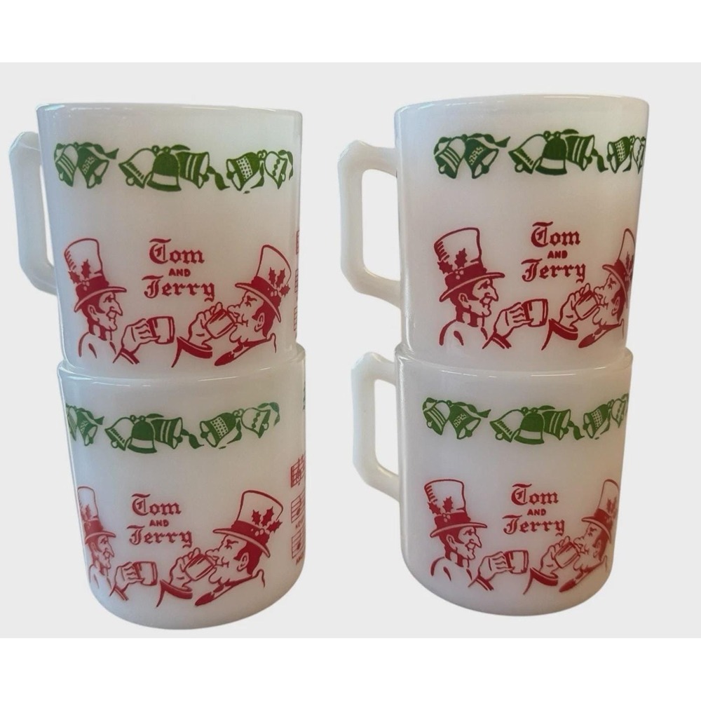 Vintage HAZEL ATLAS Tom & Jerry Milk Glass Mugs Set Of 4 Holiday Auld Lang Syne